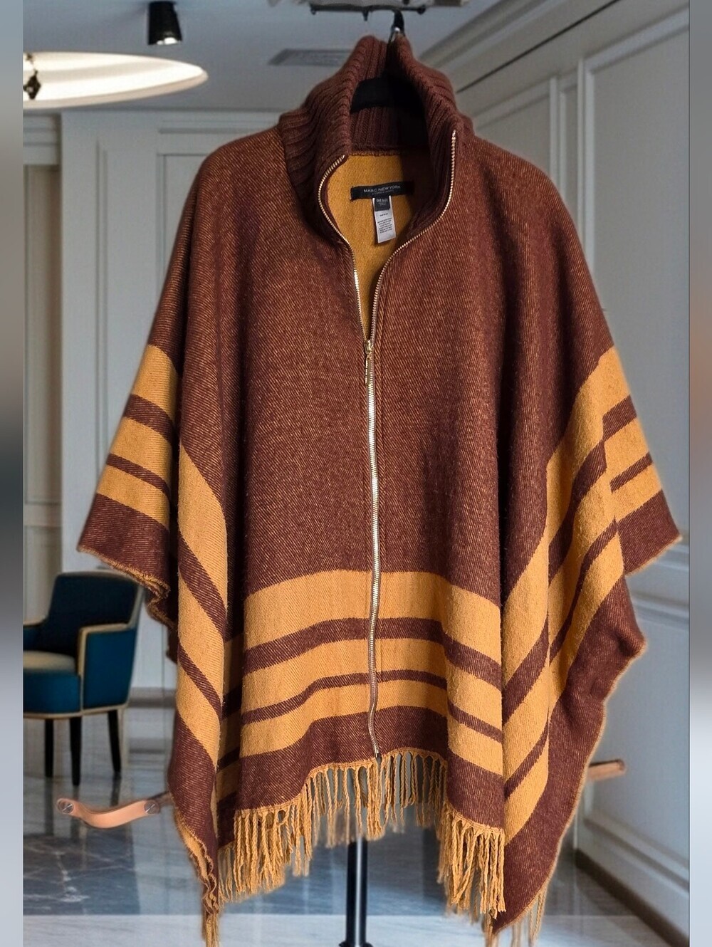 784. Marc New York Brown Striped Full-Zip Poncho Sweater Shawl Fringe R1